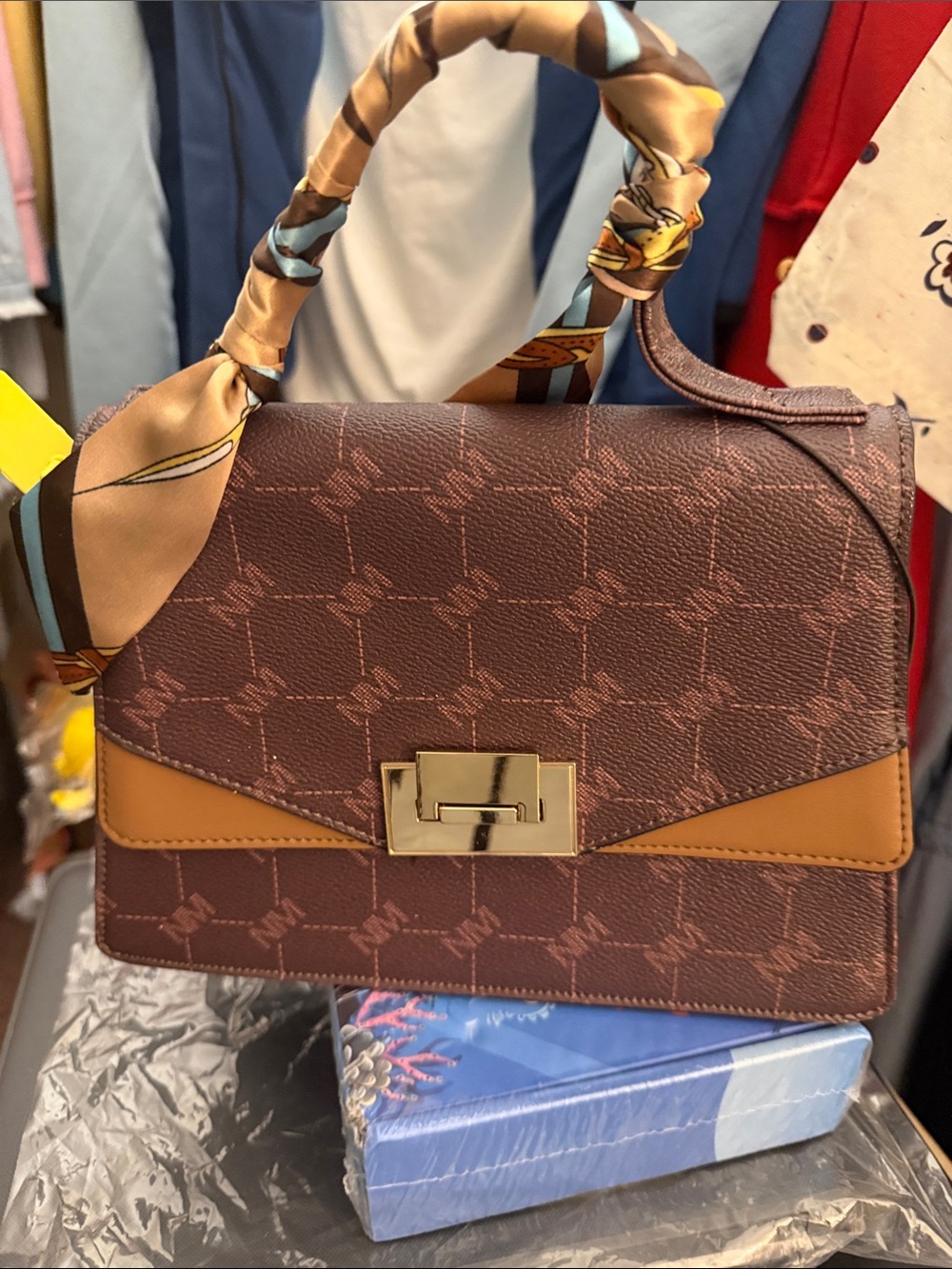 Chic Brown Patterned Top-Handle Satchel with Scarf Detail